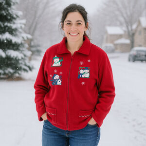 Vintage Breckenridge Sweatshirt Women’s LARGE | Red Fleece Zip Jacket | Snowmen